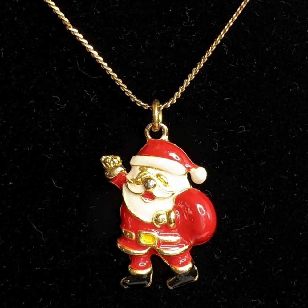Vintage 90s Santa Enameled Charm Pendant Necklace Pfister Ent. - 15" Chain